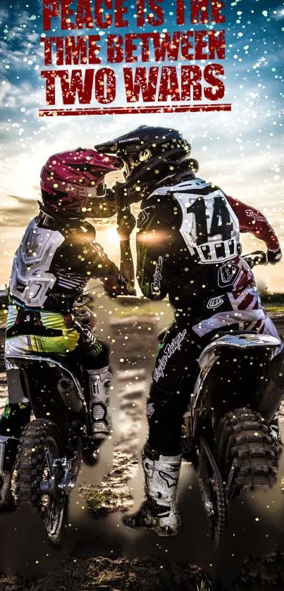 Two motocross riders embrace at sunset on a dusty track, symbolizing peace.