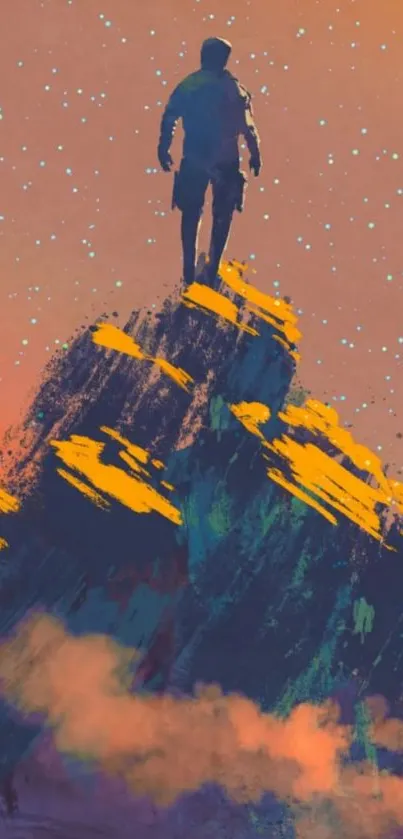 Artistic wallpaper of a lone figure on a mountain peak with vibrant colors.