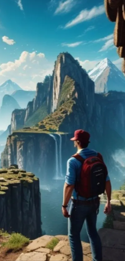 Man gazing at a stunning mountain landscape with a waterfall and azure skies.