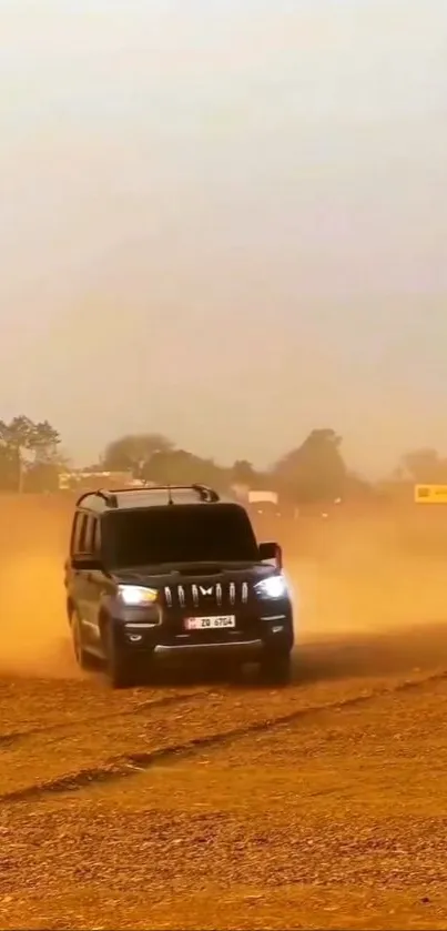 SUV kicking up dust on a desert trail.