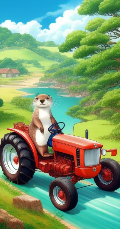 Playful otter driving a red tractor through a green landscape.