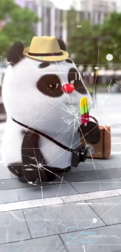 Panda wearing a hat, holding a colorful popsicle.