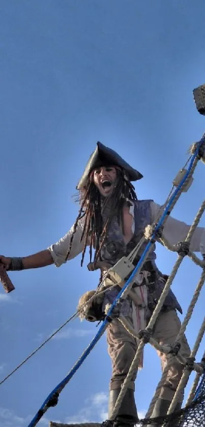 Daring pirate climbs ship rigging under a bright blue sky.