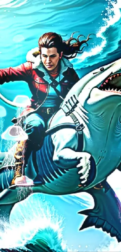 Adventurous person riding a shark through vibrant ocean waves.