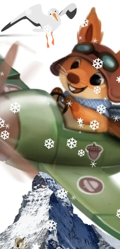 Cartoon squirrel flying vintage airplane in snowy mountain scene.