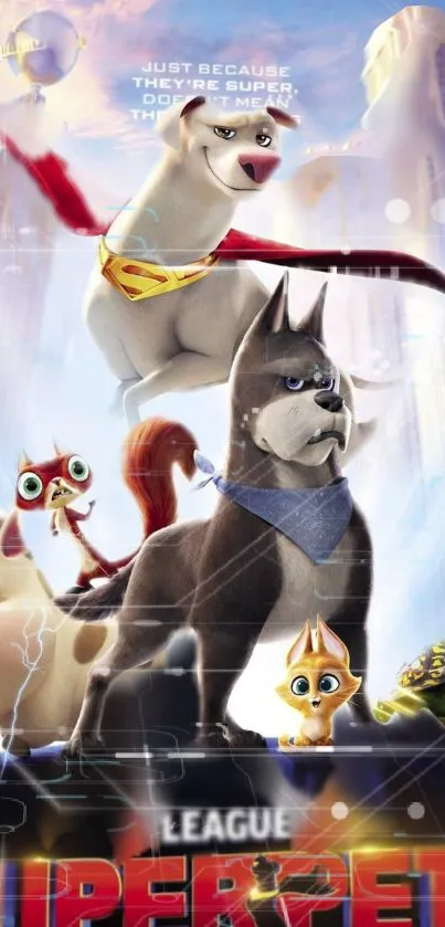 Vibrant wallpaper of heroic super pets in a cityscape setting.