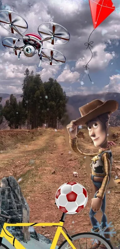 Toy Story's Woody in a vivid landscape with a drone, kite, and bicycle.