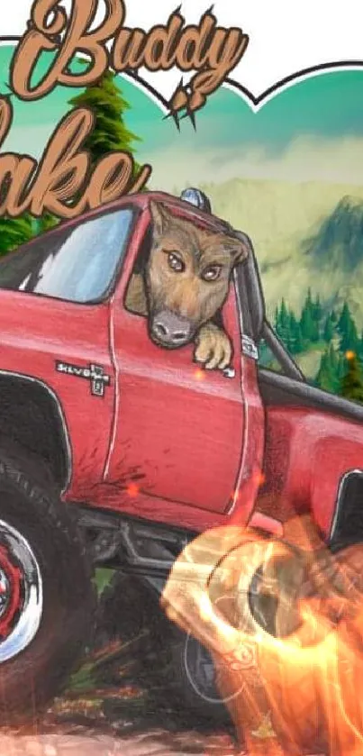 Colorful illustration of a dog in a truck with a forest backdrop.