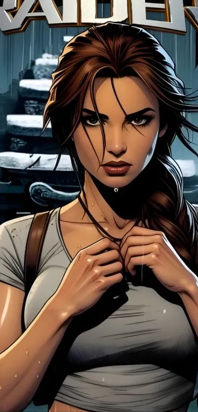 Illustration of a determined female warrior standing strong in an adventure setting.