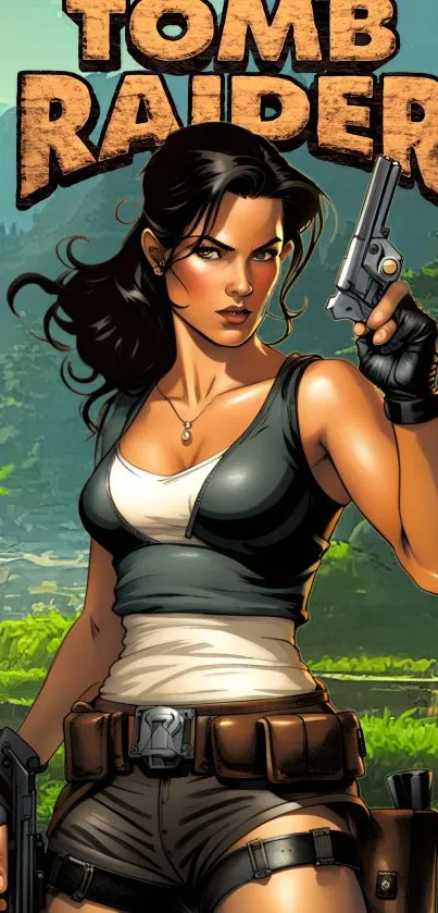 Animated female warrior with pistols in a lush jungle setting.