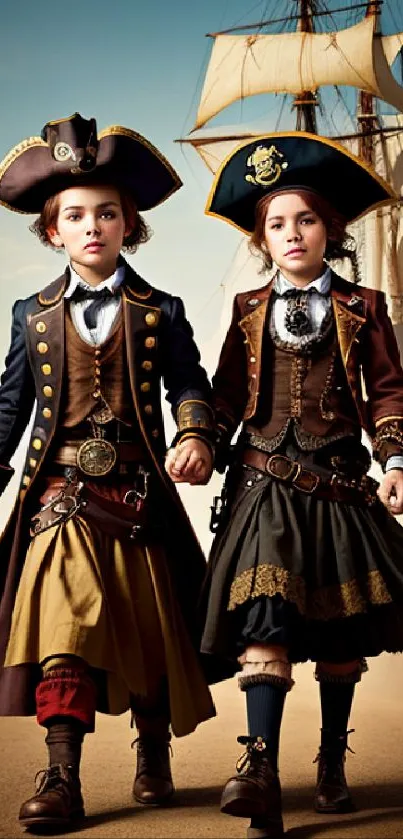 Two young pirates in costume with ship background.