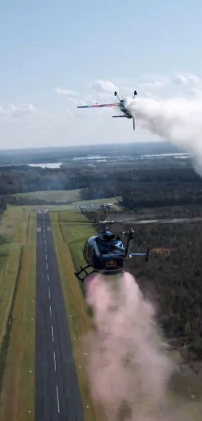 Helicopters and plane performing stunts over a scenic runway.