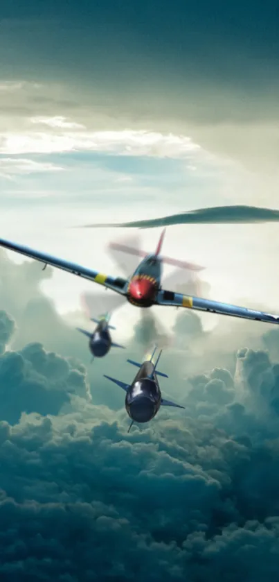 Vintage warplanes soaring through dramatic clouds in blue sky.