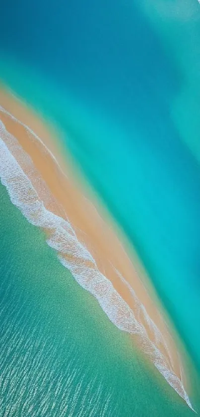 Aerial shot of a beach with turquoise water and sandy shore.