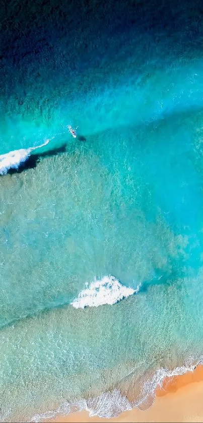 Aerial view of beach with blue waves and sandy shore.