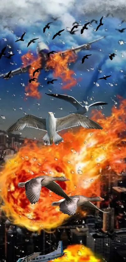 Dramatic aerial scene with a city in flames, birds and aircraft in the sky.