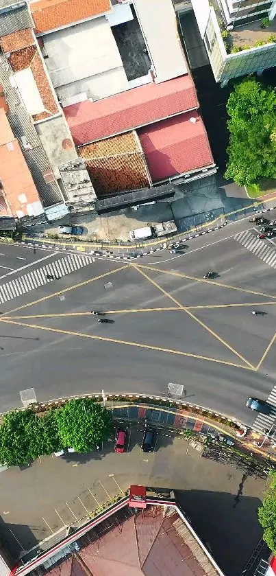 Aerial view of city intersection with vibrant urban design.