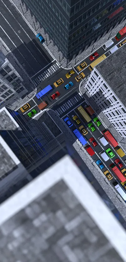 Aerial view of a city street with colorful cars and tall buildings.