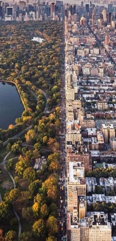 A stunning aerial view of a cityscape with Central Park and urban skyline.