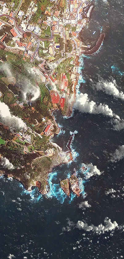 A captivating aerial coastal view with cityscape and ocean waves.