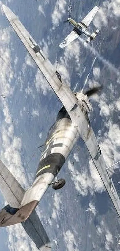 Fighter planes engaging in aerial combat against a cloudy sky backdrop.