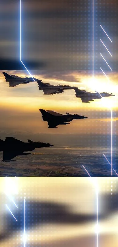 Fighter jets in formation during sunset with light effects.