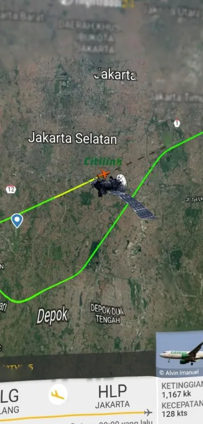 Aerial view map with highlighted flight path over Jakarta, featuring green navigation line.