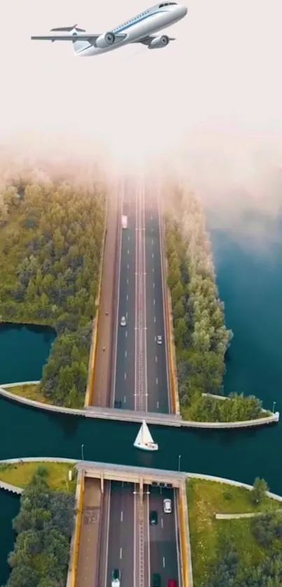 Aerial view of highway over river with plane above.