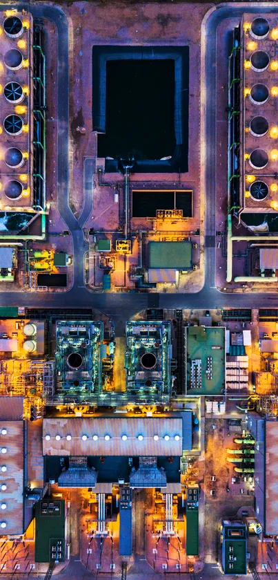 Aerial view of a vibrant industrial complex at night, featuring visible structures.