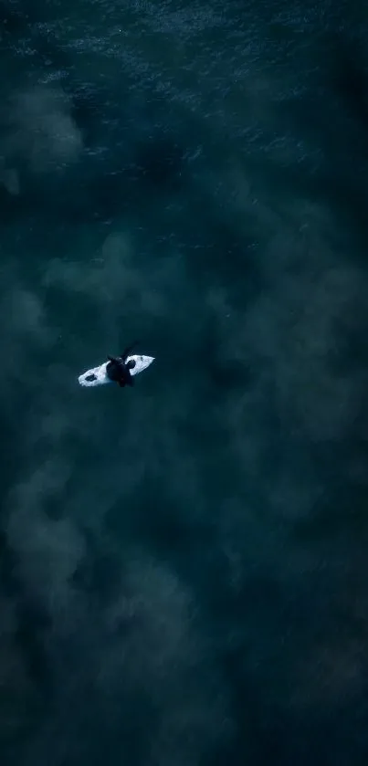 Aerial view of a kayak on teal ocean waters.