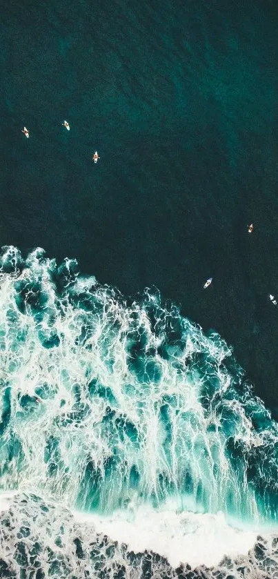 A beautiful aerial view of ocean waves crashing.