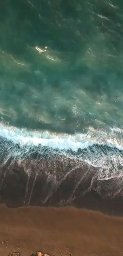 Aerial view of ocean waves meeting sandy beach on a mobile wallpaper.