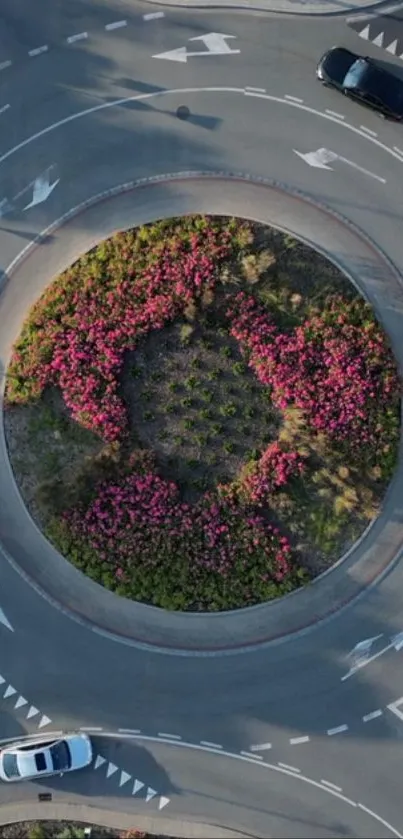 Aerial view of a roundabout with pink flowers and cars.