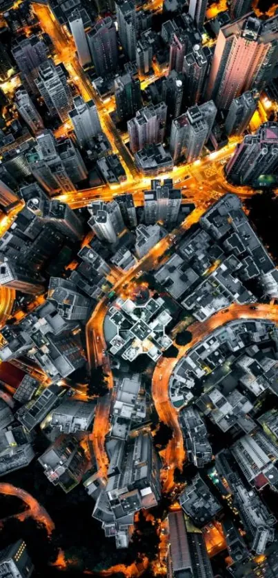 Aerial view of illuminated city skyline at night.