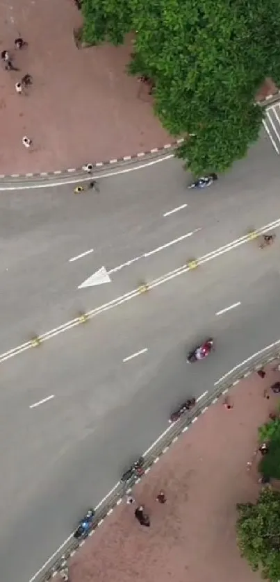 Aerial view of a city intersection with vehicles and greenery.