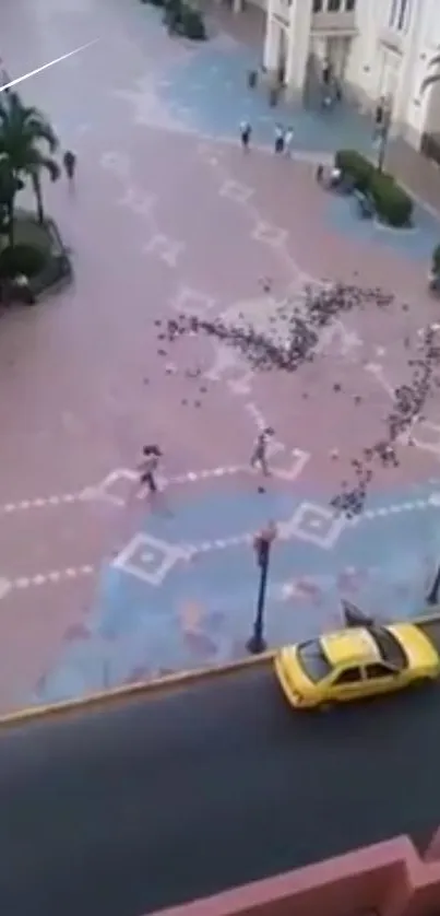 Aerial urban scene with birds and a yellow taxi in a geometric plaza.