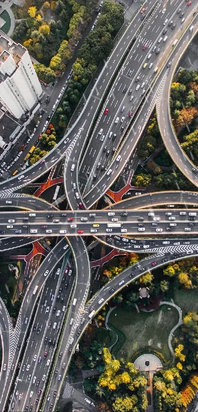Aerial view of a busy city intersection with highways and lush greenery.