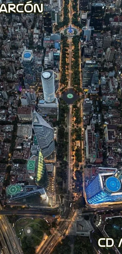 Aerial view of a vibrant city at night with illuminated streets and skyscrapers.