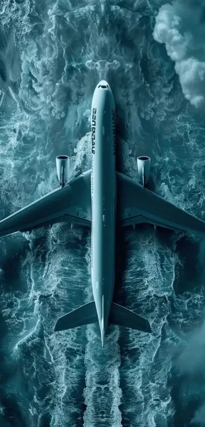 Aerial view of airplane flying through teal clouds.