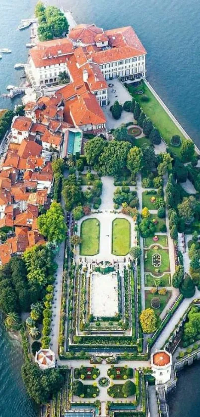 Aerial view of a lakeside island with gardens and architecture.