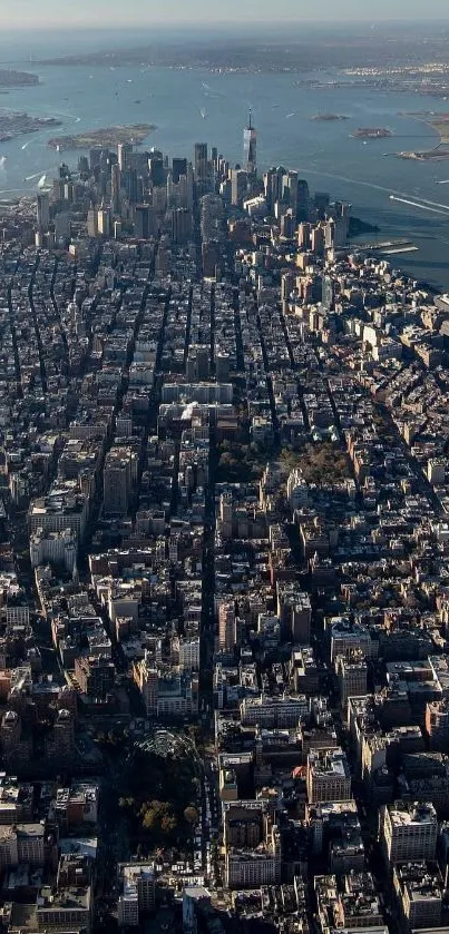 Aerial view of Manhattan skyline with Hudson River.