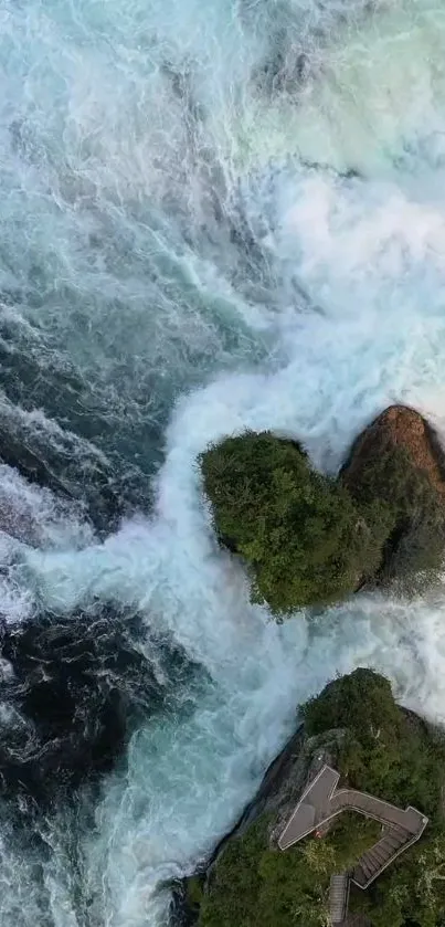 Aerial view of rushing rapids and green trees on a rocky landscape.