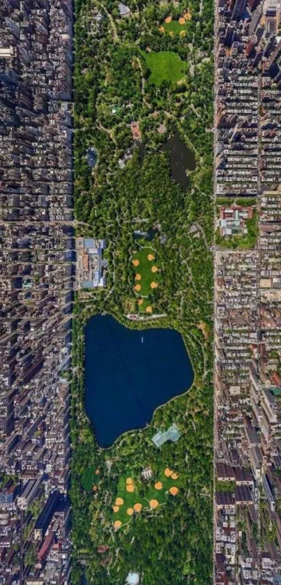 Aerial view of a lush green parkland amidst a cityscape.