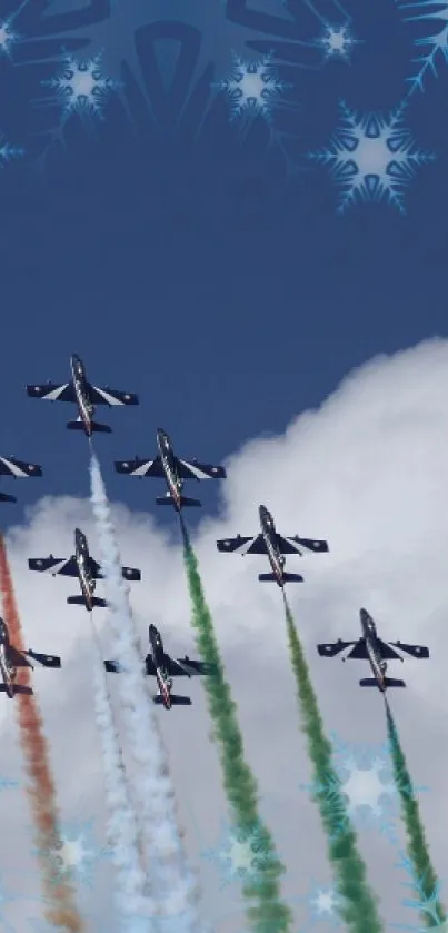 Aerobatic planes soar in starry sky with colorful trails.