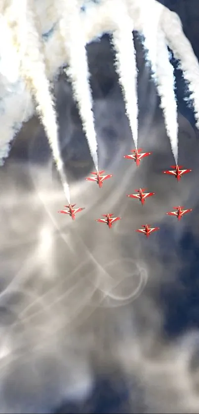 Aerobatic jets creating smoke trails across a blue sky in formation.