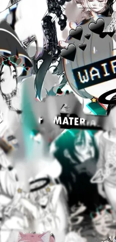 Anime waifu collage with monochrome and colorful aesthetic elements.