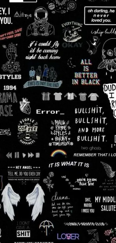 Grunge aesthetic wallpaper with black quotes.