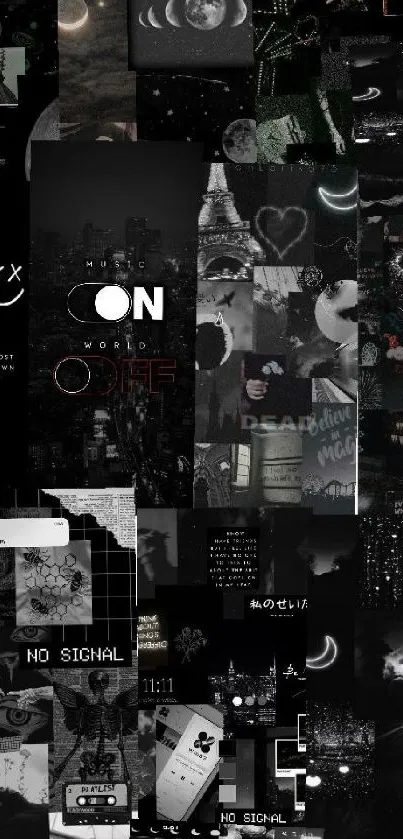 Dark aesthetic collage wallpaper with celestial and urban imagery.