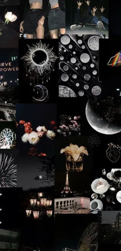 A dark aesthetic collage wallpaper featuring celestial and floral elements.