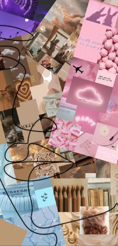 Aesthetic collage wallpaper with pink, brown, and blue tones.
